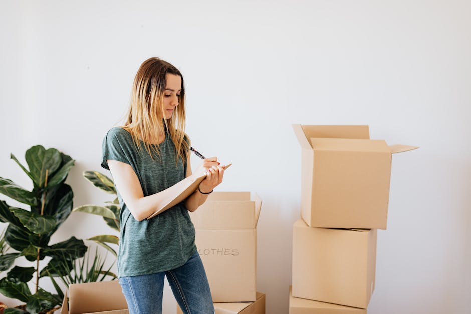 A young woman with long, light brown hair and light skin stands indoors next to several large cardboard boxes, some of which are open or partially packed. She is wearing a casual short-sleeved, dark green T-shirt with a slightly textured fabric and blue jeans. The woman is holding a pen in her right hand and appears to be writing or making notes on a clipboard or small notebook held in her left hand. Behind her, the plain white wall provides a neutral background, and to her left, there is a large green houseplant with broad, glossy leaves. The environment looks tidy and minimally decorated, suggesting a space used for planning or organizing a house clearance or rubbish removal task. The scene subtly emphasizes the process of preparing for a house clearance service, in line with services offered by companies like House Clearance Ealing, which handle private waste collection and on-site clearance, especially when managing large quantities of household rubbish or furniture for disposal or recycling.